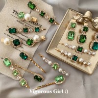 Korean Fashion Simple Girls Green Word Hair Clip Accessories Vintage Pearl Green Rhinestone Hair Clips